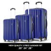 3PCS Luggage Set Hard Travel Suitcases Carry On Lightweight Trolley with TSA Lock 2 Covers Royal Blue