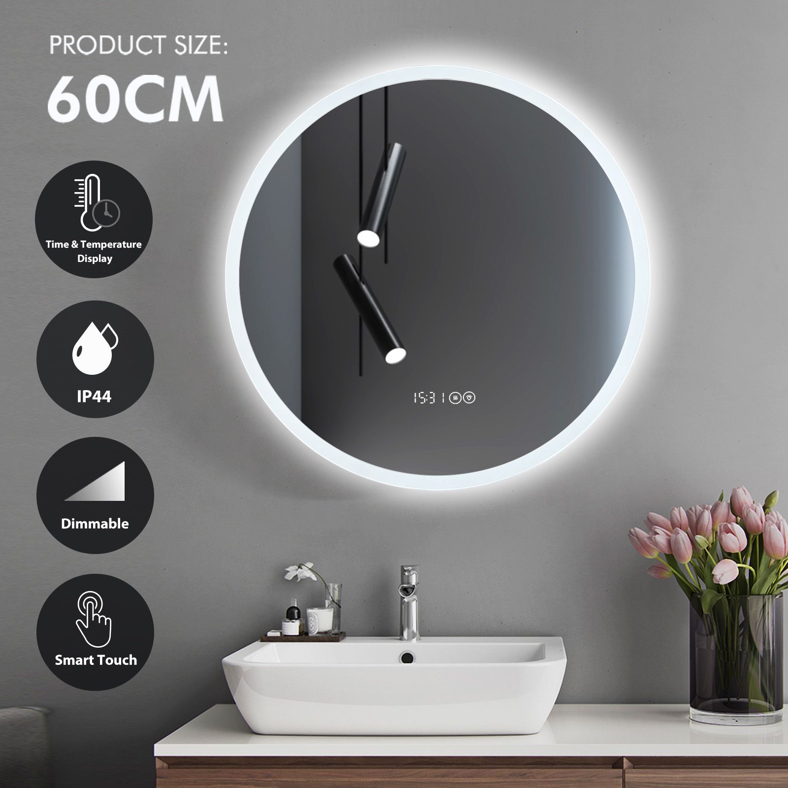 LUXSUITE Bathroom Mirror Smart Round LED Fogless Wall Mounted for Salon Vanity Shower 60cm