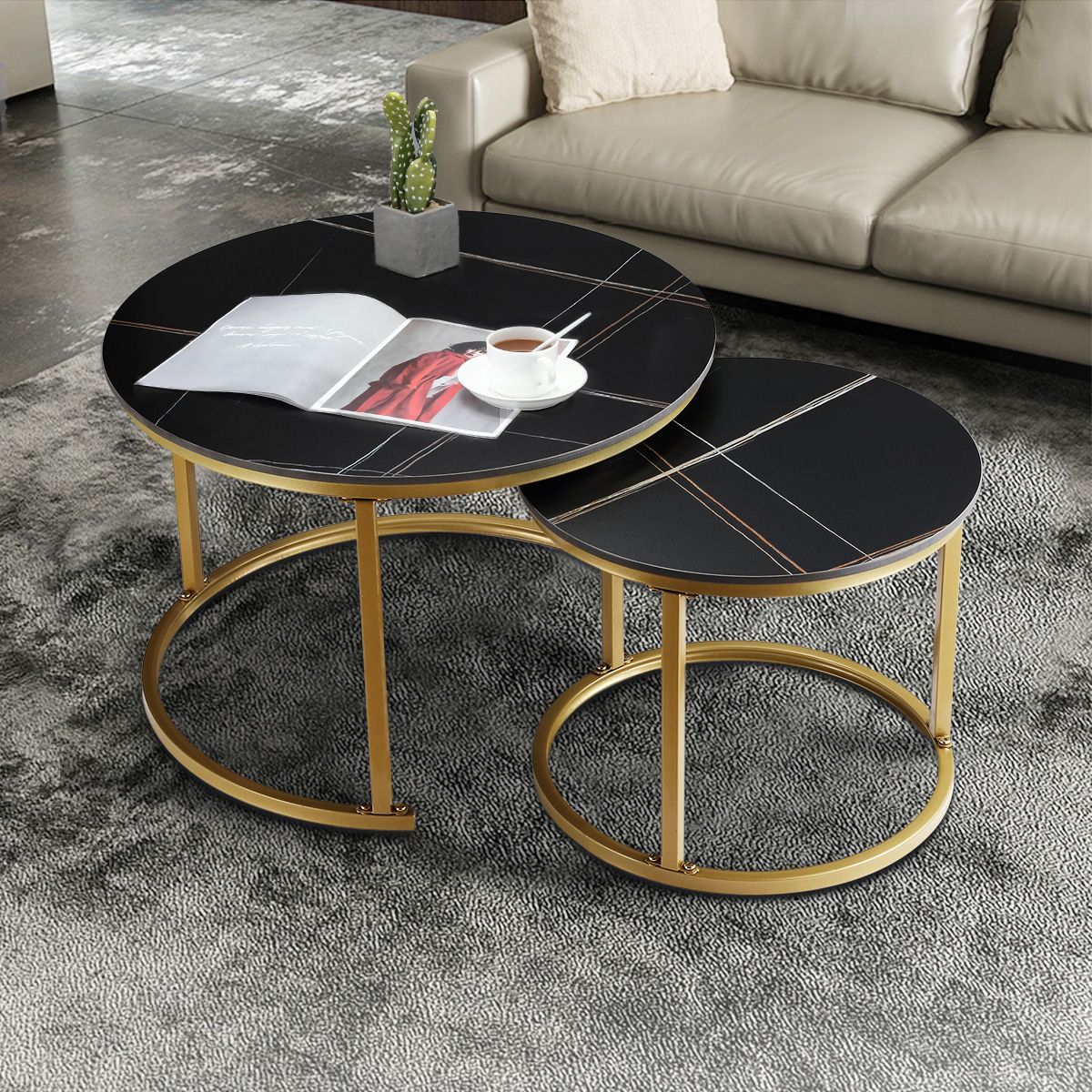 Black Sofa Side Table Marble Round Coffee End Plant Stand Nightstand