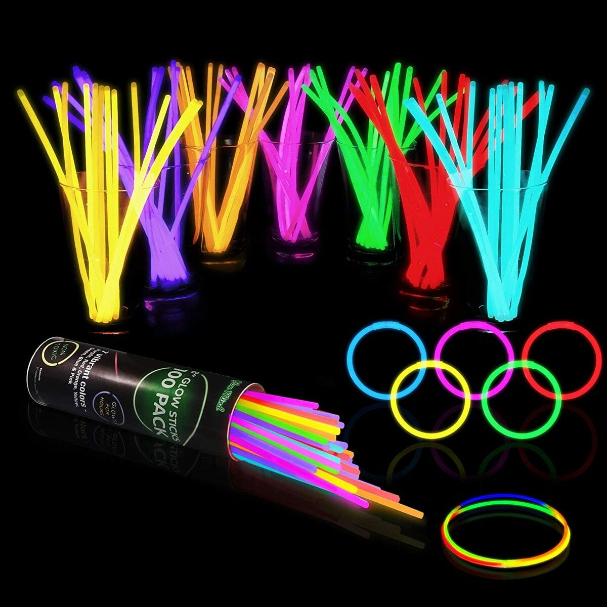 100 Glow Sticks Bulk Party Supplies Glow in The Dark Fun Party Pack with 8" Glowsticks and Connectors for Bracelets and Necklaces