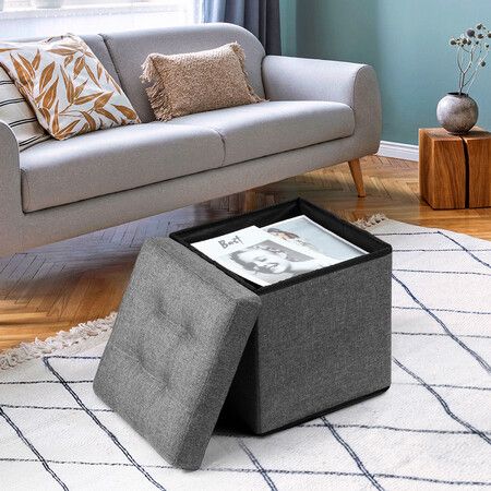 Grey Ottoman Fabric Upholstered Shoe Bench Folding Storage Cube Chest Coffee Table Entryway Toy Box Footrest Stool with Lid
