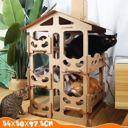 Multilevel Cardboard Cat Tower Scratcher Play House Scratching Board Playground Nest with Catnip
