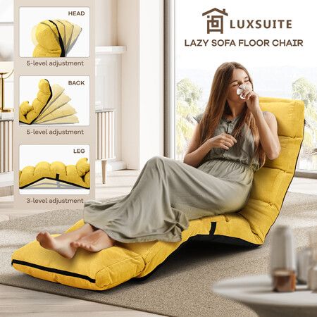 Floor Sofa Couch Bed Recliner Lounge Chaise Chair Folding Adjustable with Pillow Pedal Yellow