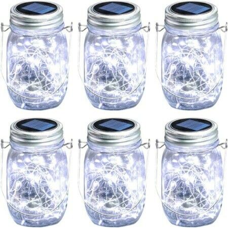 Hanging Mason Jar Solar Lights 6 Pack 20 LEDs IPX6 Waterproof Fairy Lights with Jars and Hangers Daylight Color