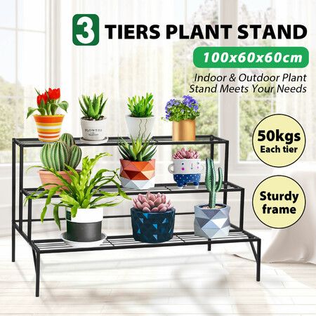 Plant Stand Black 3 Tiers Metal Flower Shelf Pot Holder Corner Planter Garden Storage Rack Outdoor Indoor Large