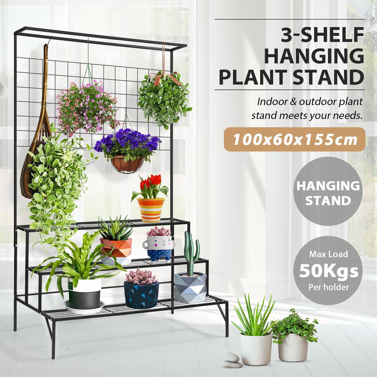 Black Plant Stand 3 Tiers Metal Hanging Pot Holder Flower Shelf Outdoor Indoor Corner Planter Garden Storage Rack Large