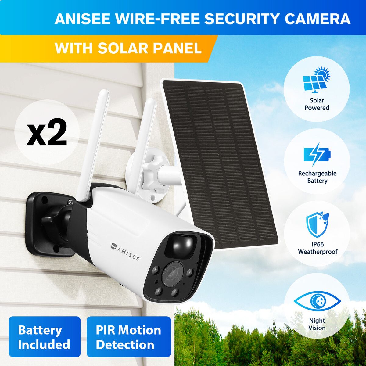 Solar-powered Security Camera WiFi Home CCTV Outdoor Surveillance System with Battery Weatherproof x2