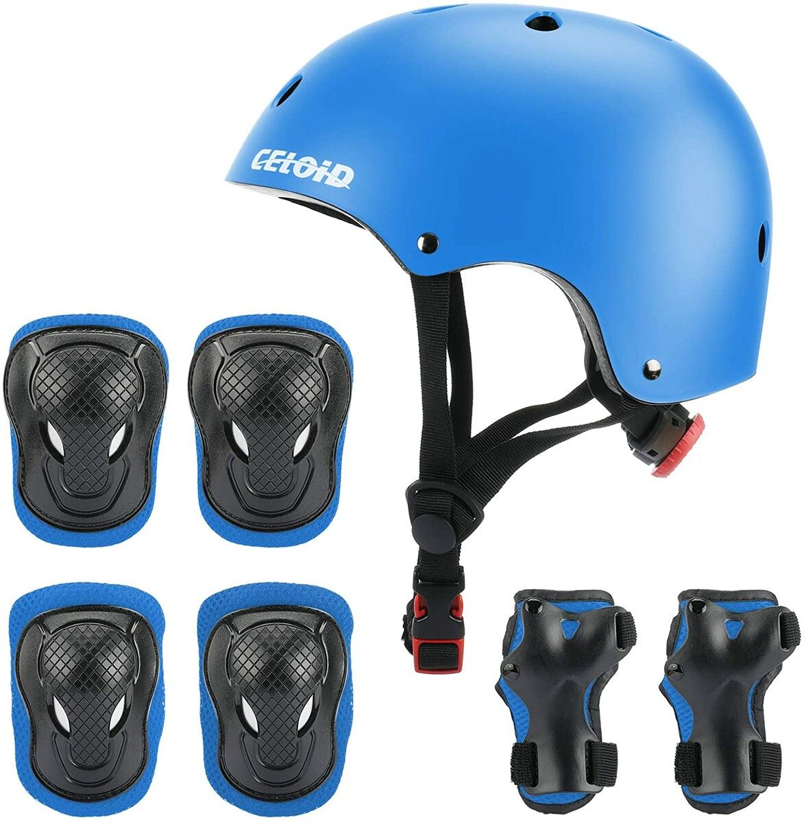 Kids Helmet Pad Set 3-14 yrs Ages Blue Adjustable Kids Roller Skateboard Bike Helmet Knee & Elbow Pads Wrist Guards