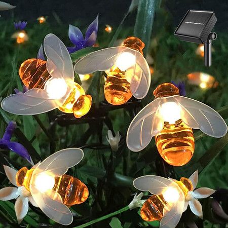 Solar String Lights 20 LED Outdoor Waterproof Simulation Bee Garden Decoration (Warm White)