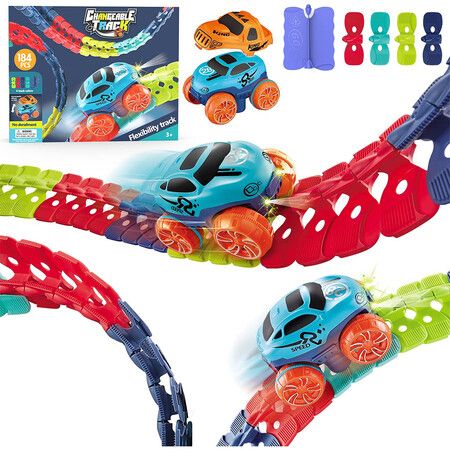 Race Car Track for Kids with Bendable Track, Gravity-Free Creative Toy with 184 Pieces Toys for Kids with Light,1 Car 2 Shells