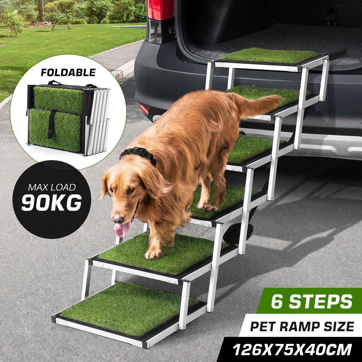 6 Steps Aluminium Dog Cat Pet Ramp Stairs Ladder Folding with Artificial Grass Surface 