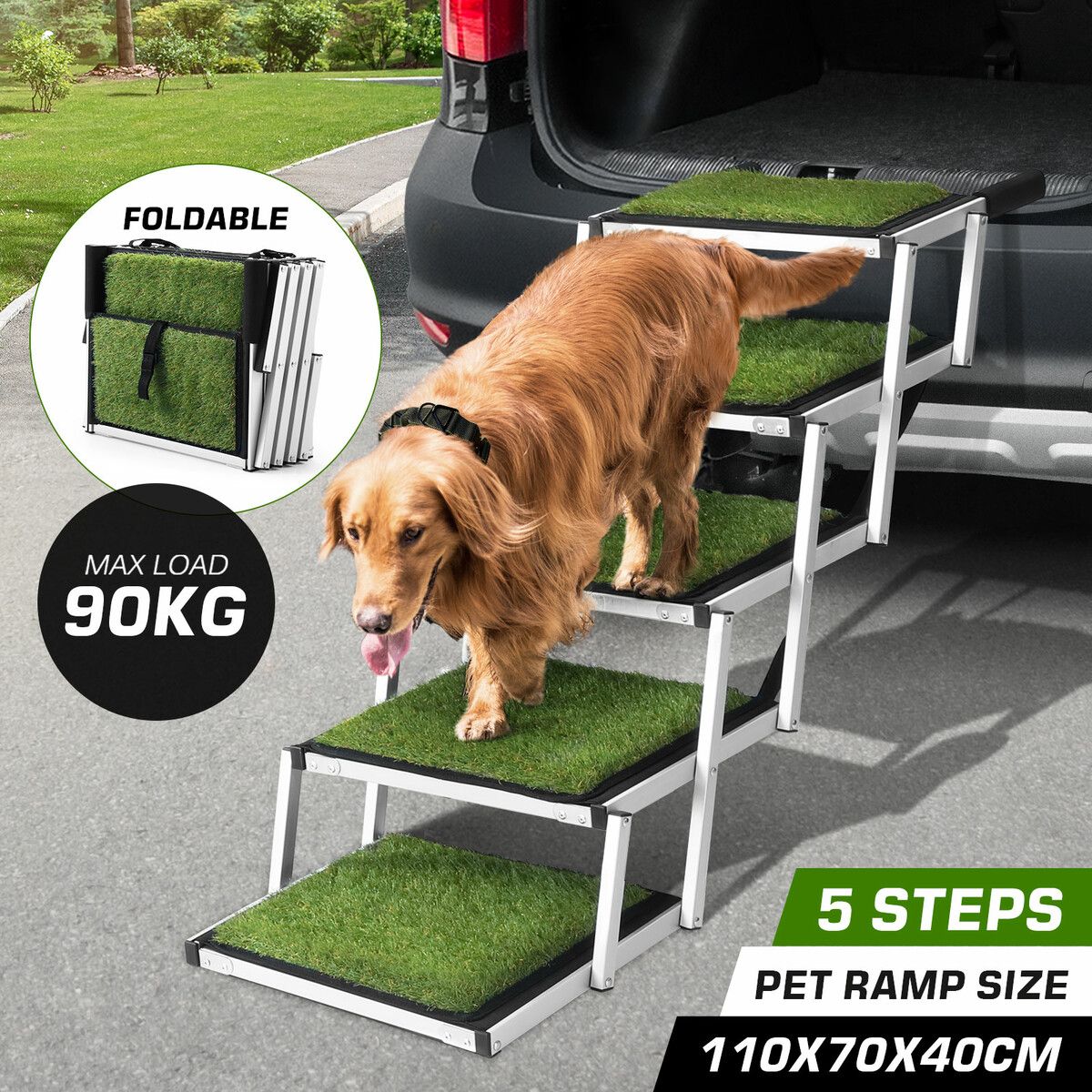 5 Steps Folding Dog Cat Pet Ramp Stairs Ladder for Car Aluminium Artificial Grass Surface 