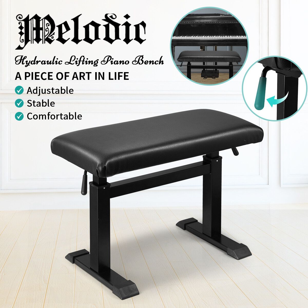 Melodic Piano Bench Hydraulic Lifting Keyboard Stand Stool Chair Height Adjustable Seat PU Leather Black 