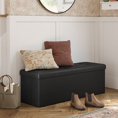 Black Ottoman Bench Folding Upholstered Footrest Stool Rectangle Coffee Table Entryway Storage Cube Chest Toy Box 109cm 
