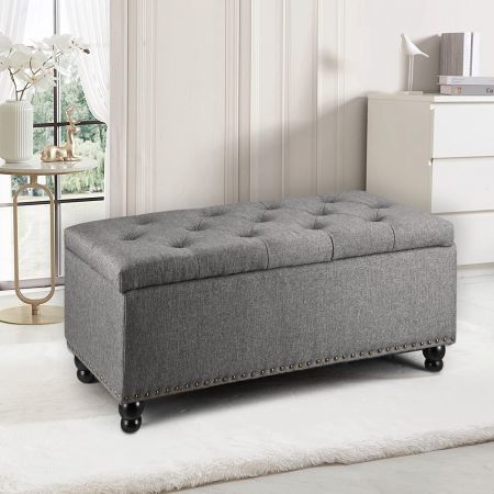 Grey Fabric Ottoman Shoe Bench Upholstered Footrest Stool Rectangle Coffee Table Entryway Toy Box Chest Storage Cube 100cm