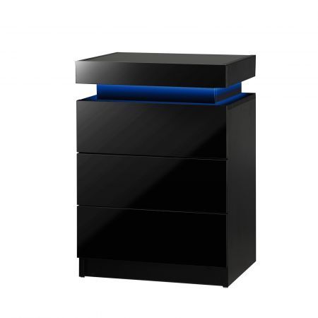 Bedside Tables 3 Drawers Side Table RGB LED High Gloss Nightstand Cabinet