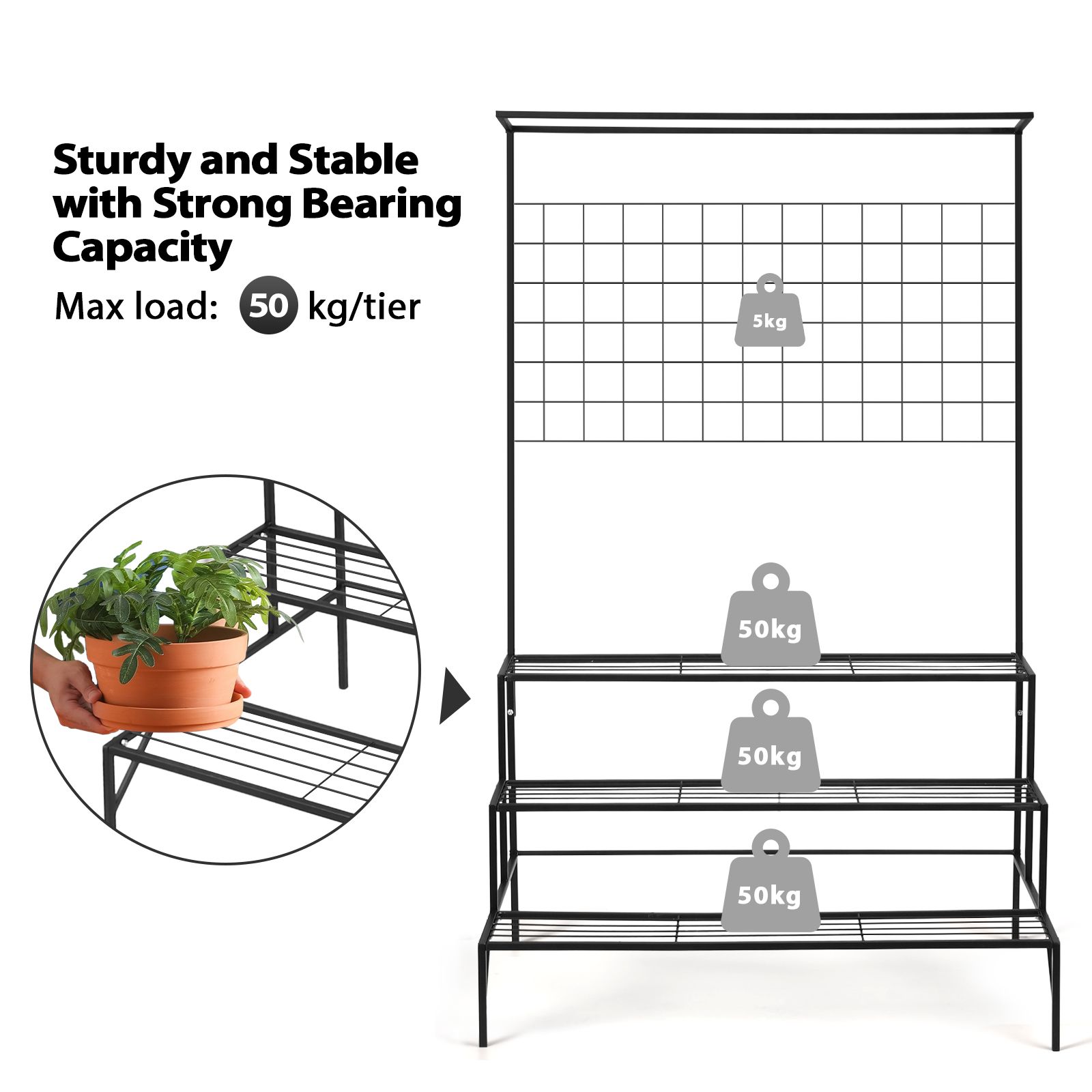 Black Plant Stand 3 Tiers Metal Hanging Pot Holder Flower Shelf Outdoor Indoor Corner Planter Garden Storage Rack Large