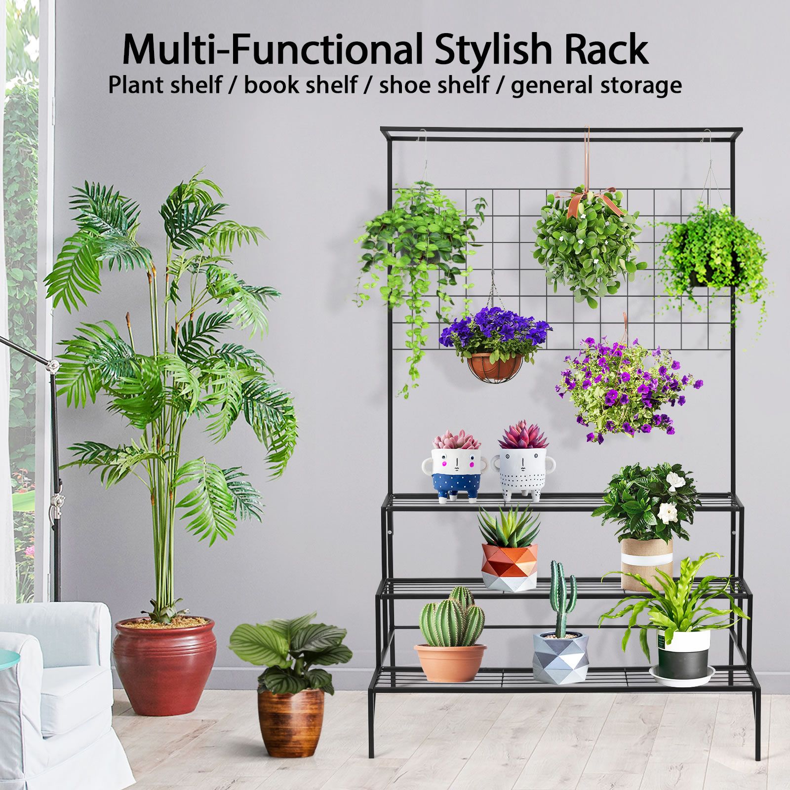 Black Plant Stand 3 Tiers Metal Hanging Pot Holder Flower Shelf Outdoor Indoor Corner Planter Garden Storage Rack Large