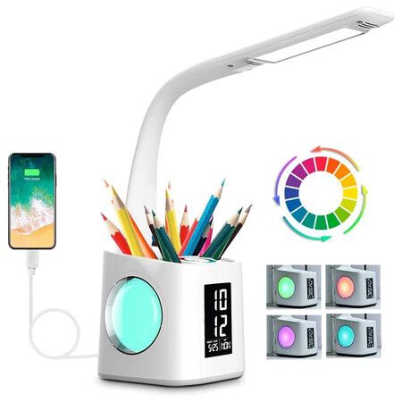 LED Study Desk Lamp with USB Charging Port, Display, Calendar and Color Night Light, Dimmable LED Table Lamp