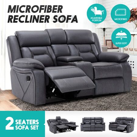 2 Seater Sofa Recliner Chair Armchair Couch Lounge Living Room Chairs Microfiber PP Adjustable Footrest Headrest Grey 