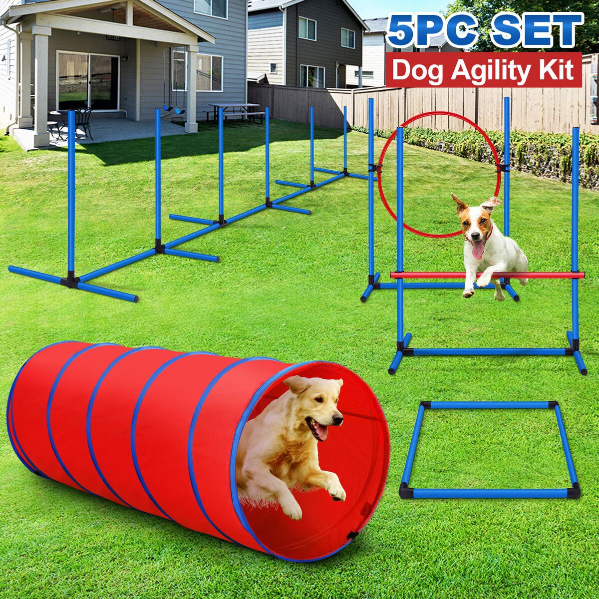 Petscene Dog Agility Equipment 5PC Set Obstacle Course Pet Training Kit Supplies Jump Hurdle Tunnel Poles Pause Box Carrying Bags