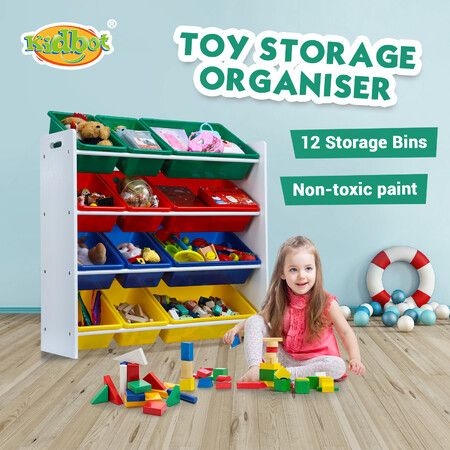 Kids Toy Box Bookshelf Storage Rack Organiser Display Shelf 4 Tier 12 Plastic Bins Drawers Unit Multi Colour Kidbot