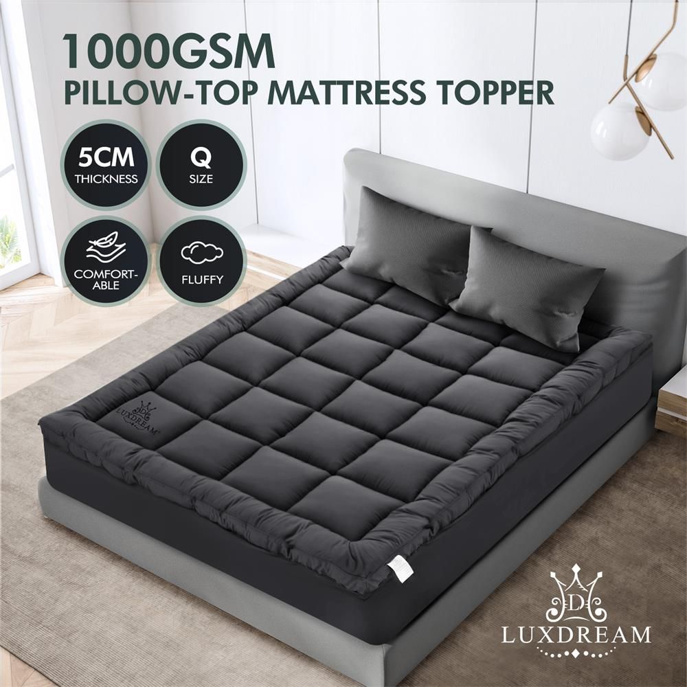 Queen Mattress Topper Soft Bed Pad Pillowtop Mat for Back Pain with Skirt Grey Luxdream 1000gsm