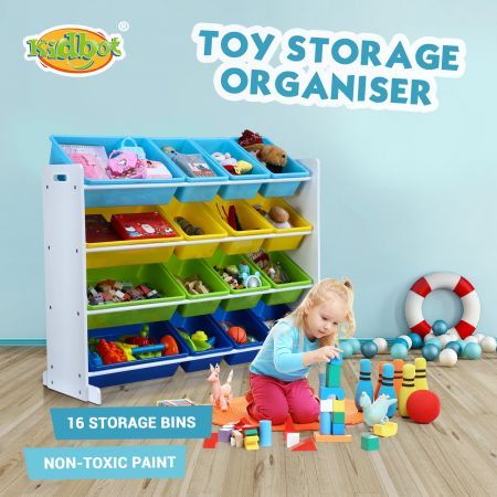 Kids Toy Box Bookshelf Organiser Storage Rack Display Shelf 16 Plastic Bins Drawers Unit Multicolour Kidbot
