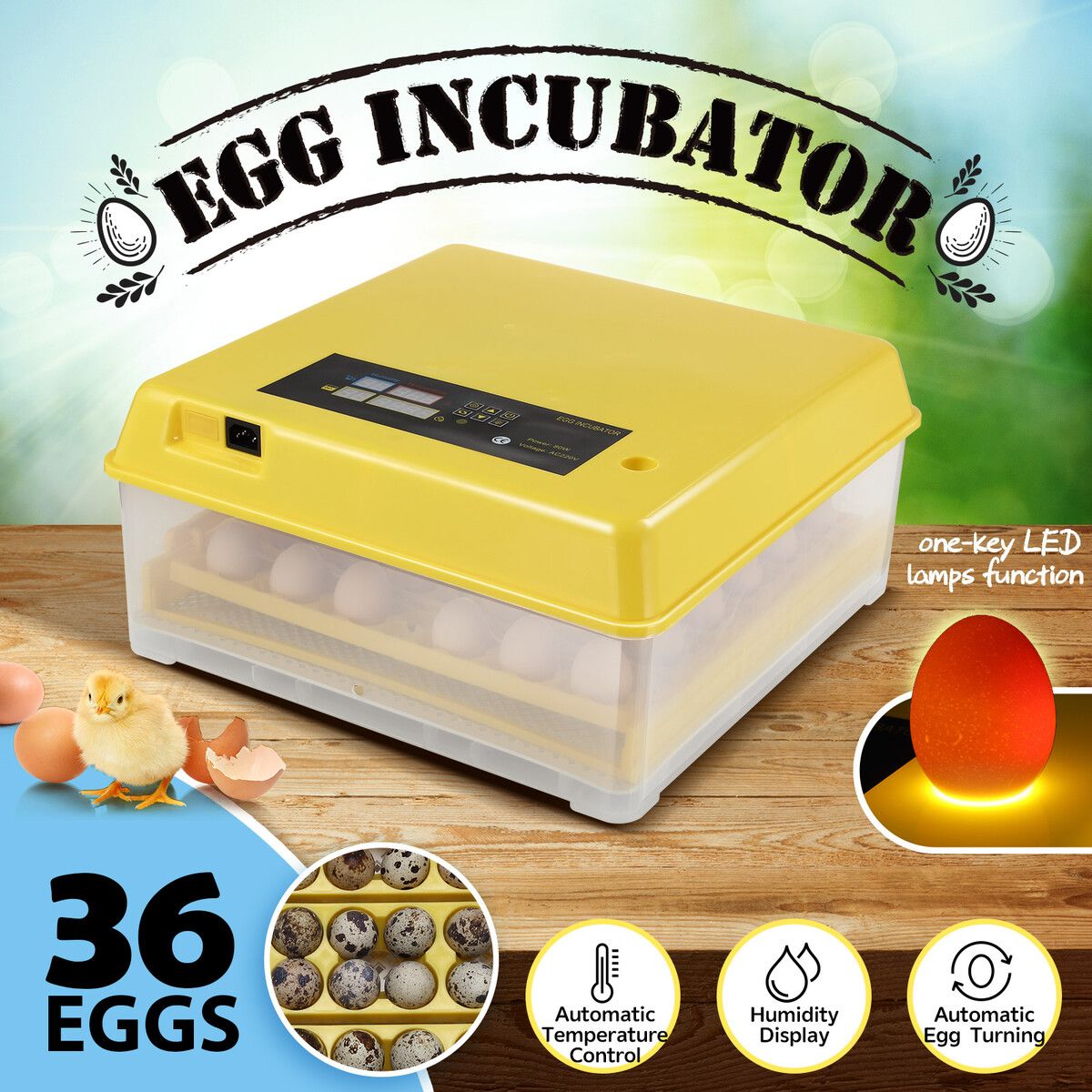 Petscene 36 Eggs Automatic Incubator Hatching Hatcher Machine Egg Turning LED Display with Four-Leaf Clover-Shaped Tray 