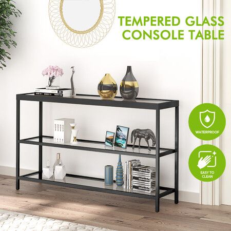 Black Console Sofa Table Hallway Entrance Entryway Display Stand Living Room Furniture Plant Shelf Tempered Glass Top 3 Tiers 