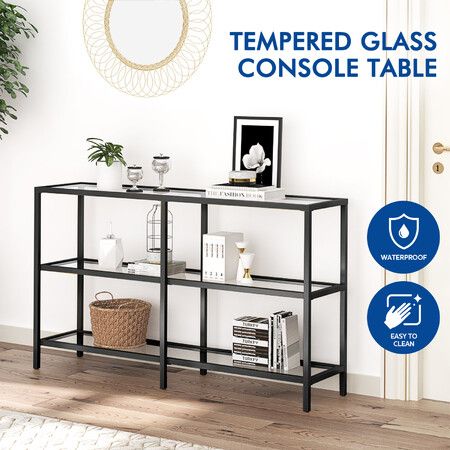 Black Console Table Sofa Hallway Entrance Entryway Display Stand Plant Shelf Living Room Furniture 3 Tiers Tempered Glass Top 