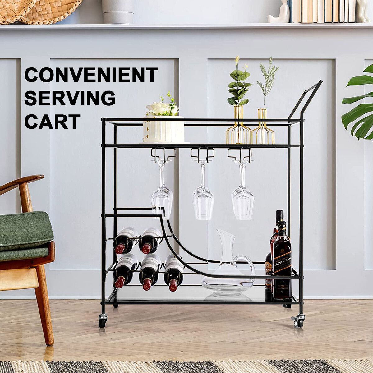 Black Bar Cart Drinks Trolley Coffee Tea Wine Kitchen Serving Rack Wine Holders Hooks Rack Curtain Wall Mirror Shelves