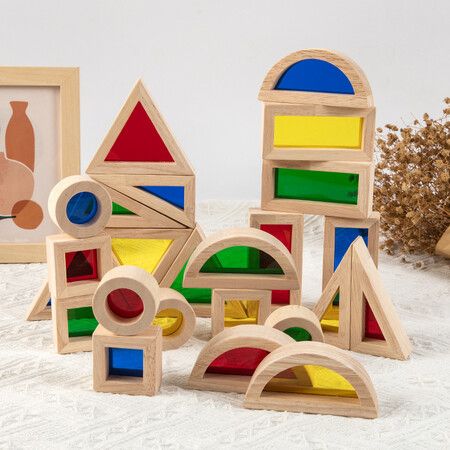 24 Pieces Wooden Building Blocks Set for Kids, Geometry Sensory Rainbow Building Set, Building Toys Assemble Blocks Gift