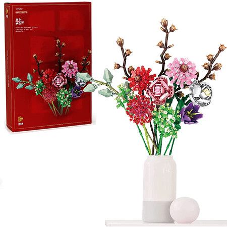 Artificial Flower Bouquet Building Kits, CA Bunch of Red Flowers for Adults, Teens (1237pcs),