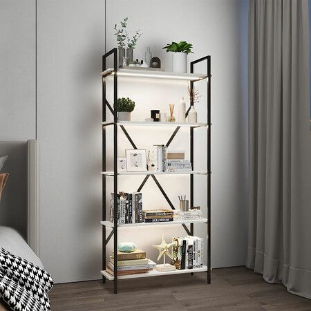 Bookshelf Bookcase Display with LED Light Smart Storage Ladder Shelves ...