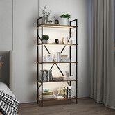 LED Bookcase Bookshelf Storage Rack Lighted Display Shelves Ladder Shelf Smart Freestanding Dark Walnut & Black LUXUITE