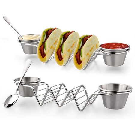 2 Pack Stainless Steel Trays with Salad Cups - Holds 3 Tacos Each Keeping Shells Upright and Clean(Only Holder,No Spoon)