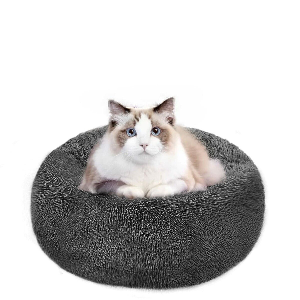 50cm Calming Donut Dog Bed Anti Anxiety Round Fluffy Plush Machine Washable Cuddler Pet Bed Col.DK.Gray