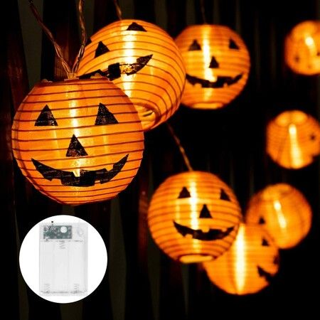 Halloween Lights,20 LED Halloween Lantern Lights Battery Powered with Timer,3D Lantern Orange Lights for Halloween Decorations (Jack-O-Lantern)