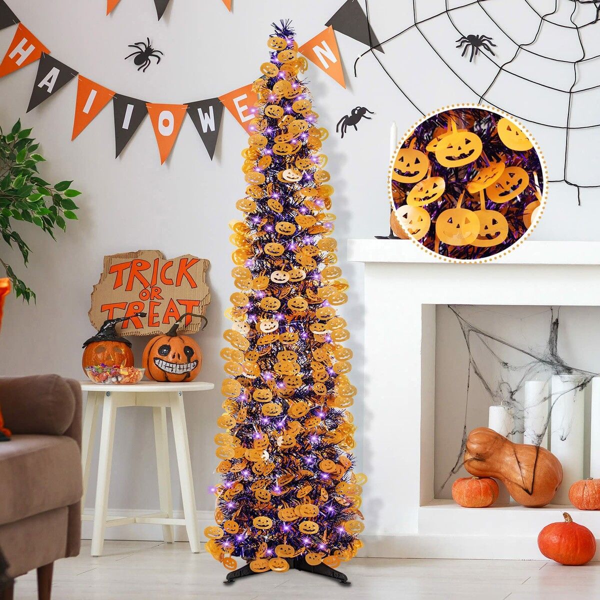 1.5m Tinsel Halloween Tree Sequins Party Indoor Outdoor Green Spider