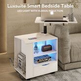 Luxsuite Smart Bedside Table White LED Cabinet Storage Nightstand Bedroom Full High Gloss Finish with Drawer Adjustable Laptop Desk 2 Shelves USB Type-C Port