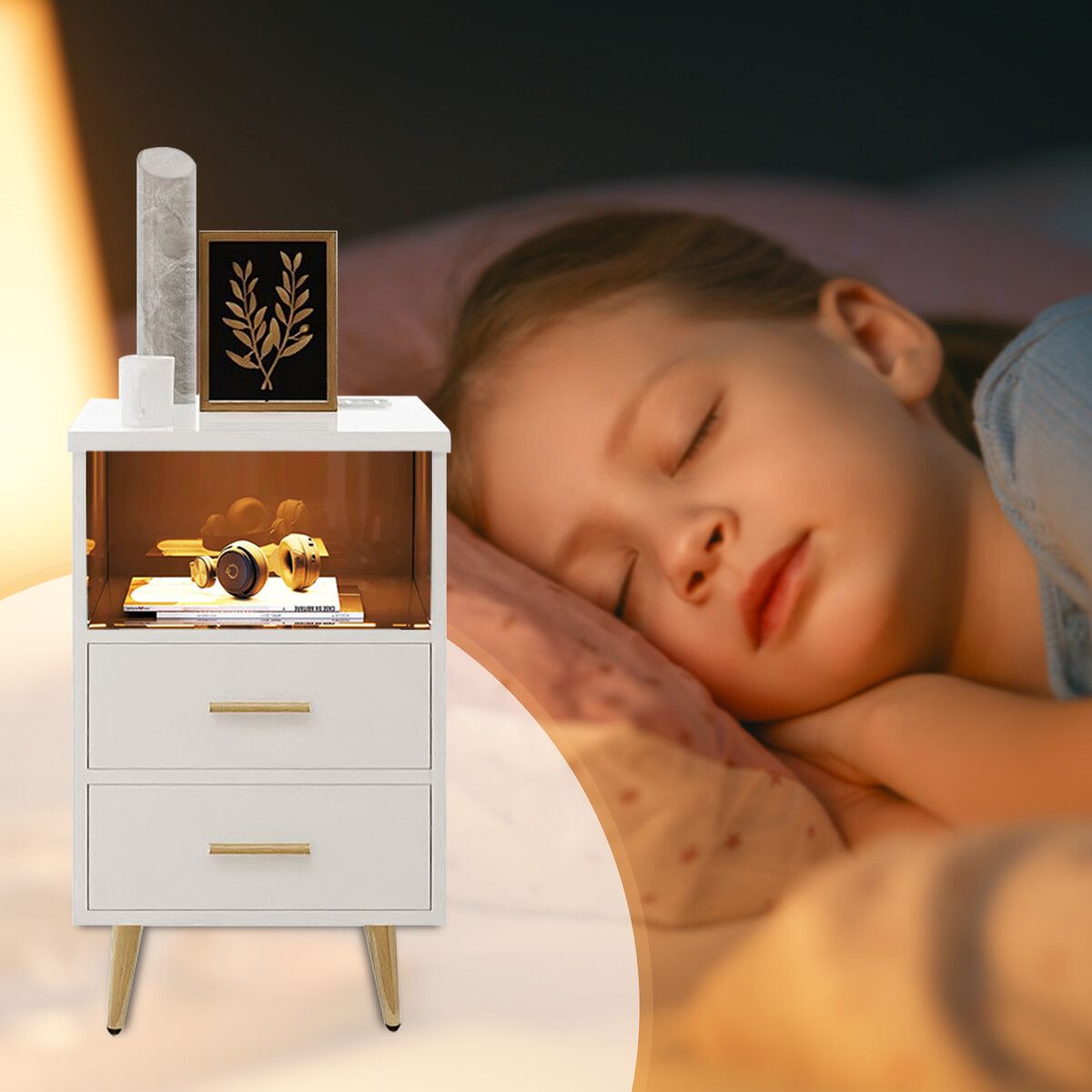 Luxsuite Smart Bedside Table White Nightstand LED Side End Storage