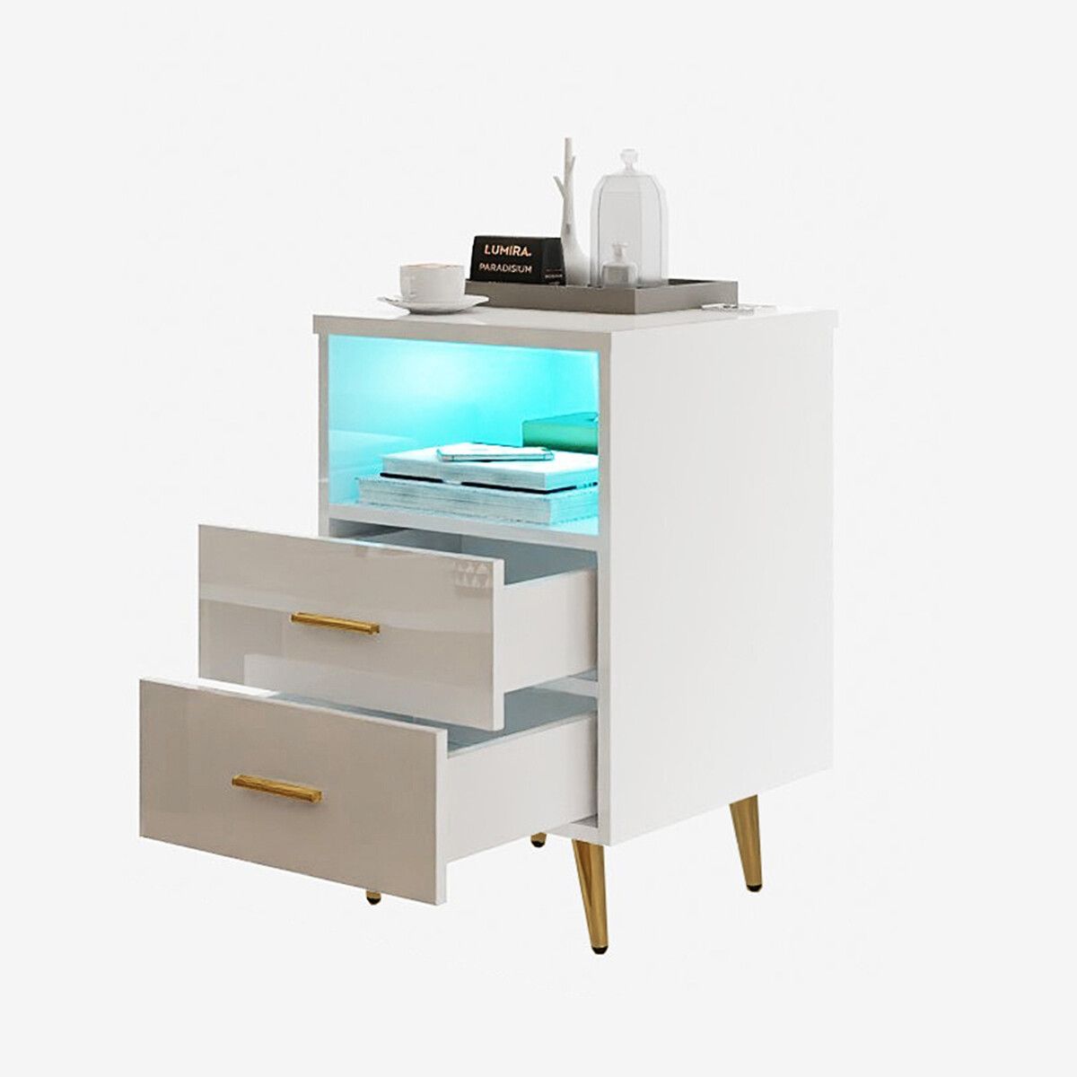 Luxsuite Smart Bedside Table White Nightstand LED Side End Storage