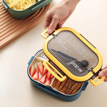 Portable Hermetic Lunch Box 2 Layer Grid Children Student Bento Box with Fork Spoon Leakproof Microwavable Prevent Odor