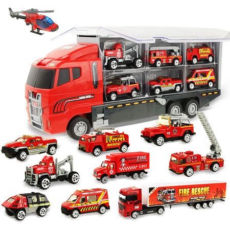 10 in 1 Fire Truck Toy Set for Toddlers, Mini Carrier Truck Battle Toy Set for 3 Year Old Boys