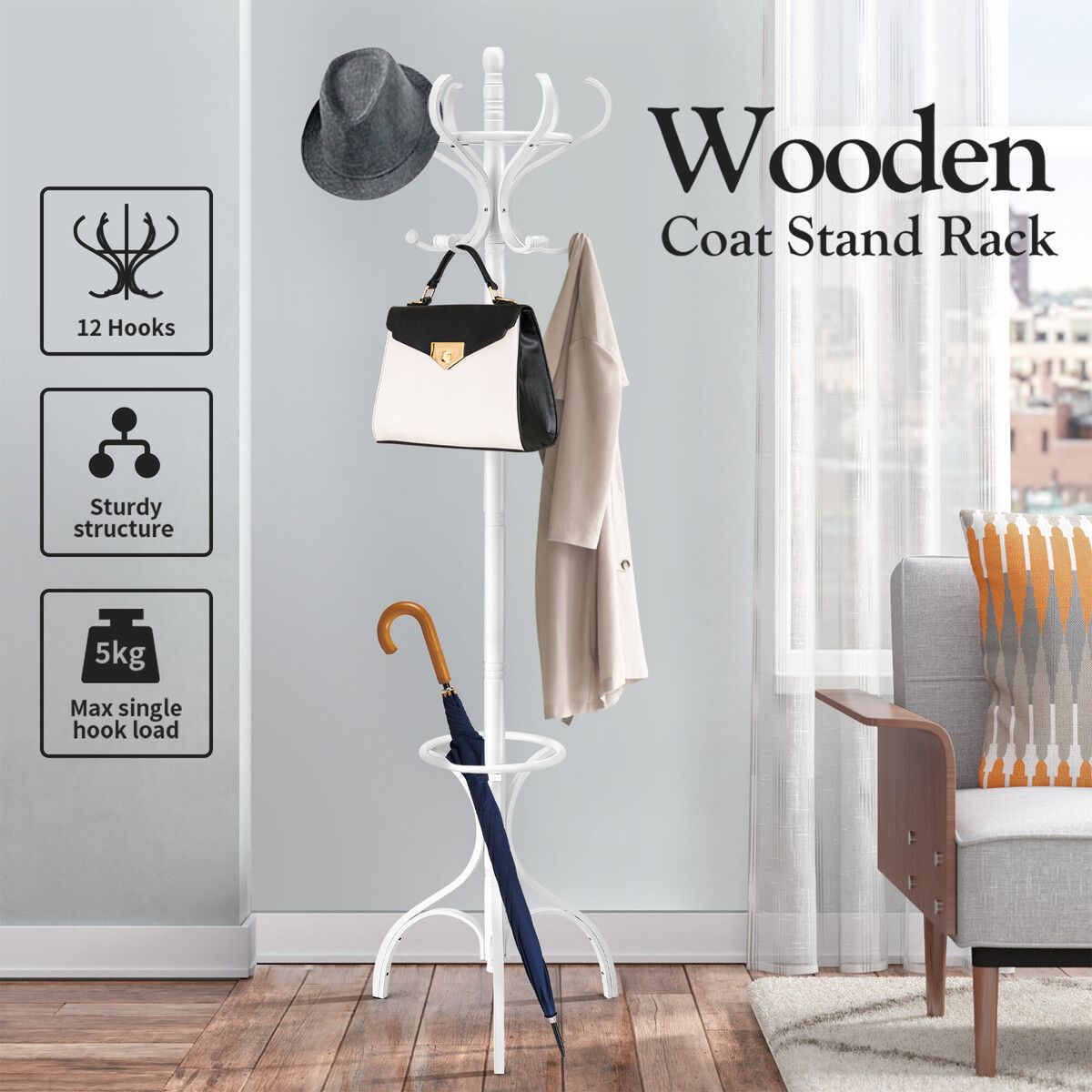 Tree Style Wooden Clothing Rack Coat Stand Hat Bag Garment Hanger Umbrella Holder 12 Hooks – Walnut