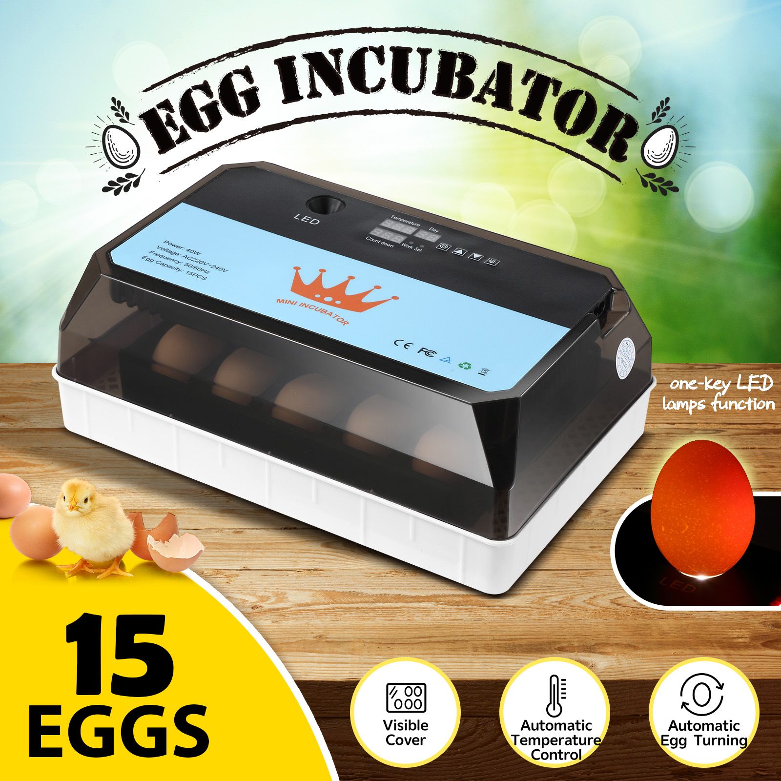 Petscene 15 Eggs Incubator Automatic Egg Hatcher Hatching Breeder with Turner Temperature Control 