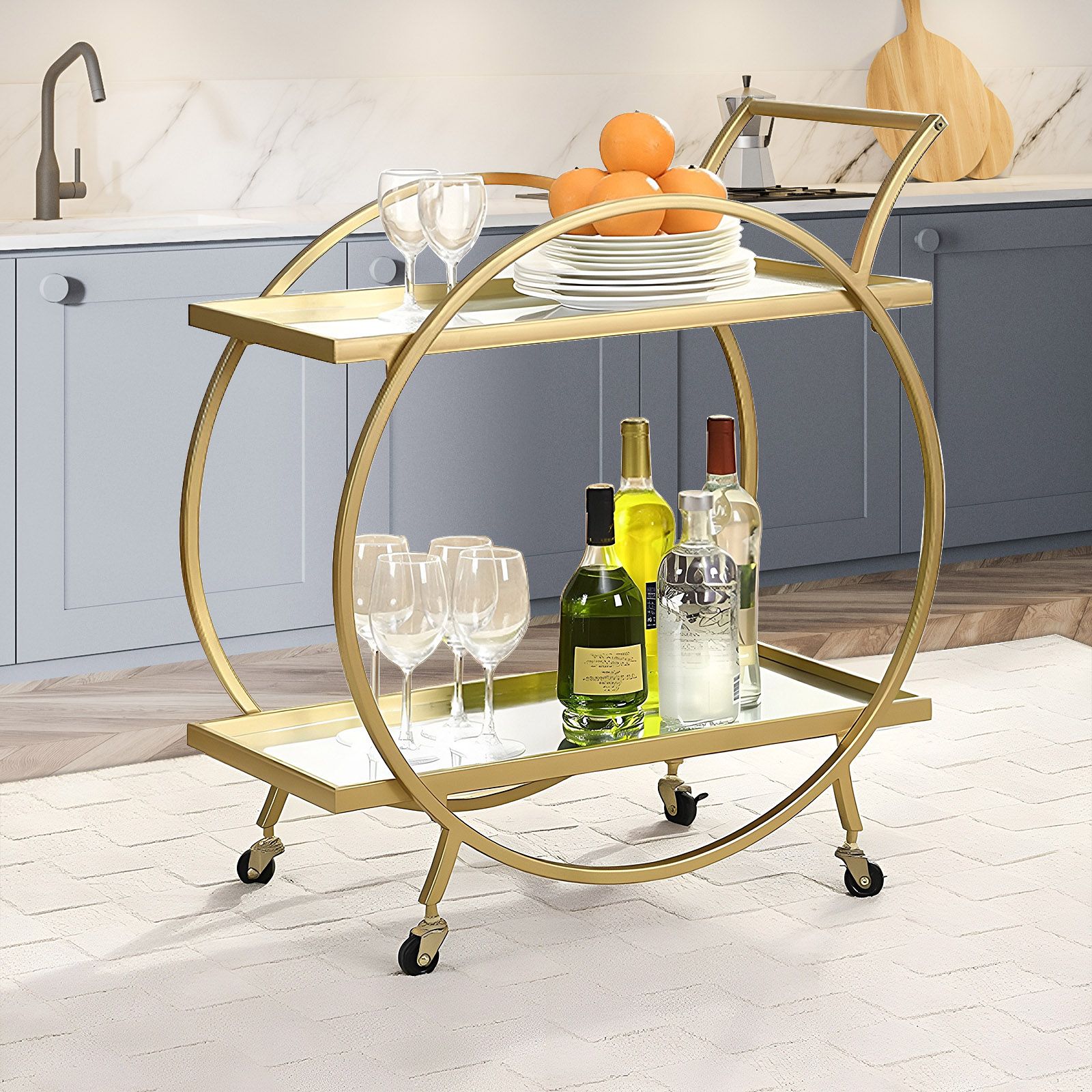 Gold Bar Cart Drinks Trolley Coffee Wine Tea Kitchen Serving Rack Round Outdoor Shelf Vintage with 2 Mirror Shelves Handle  