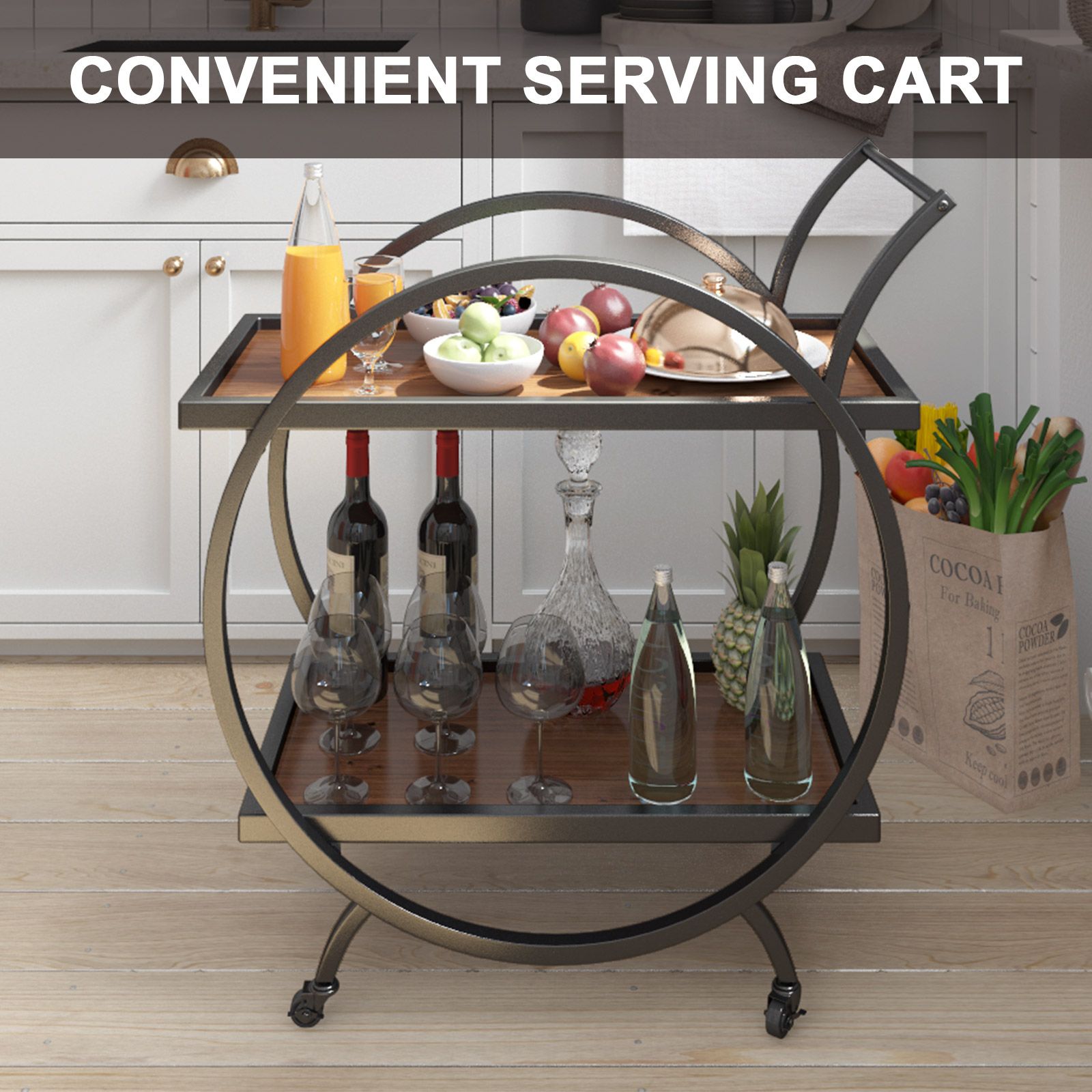 Black Bar Cart Drinks Trolley Wine Coffee Tea Kitchen Outdoor Serving