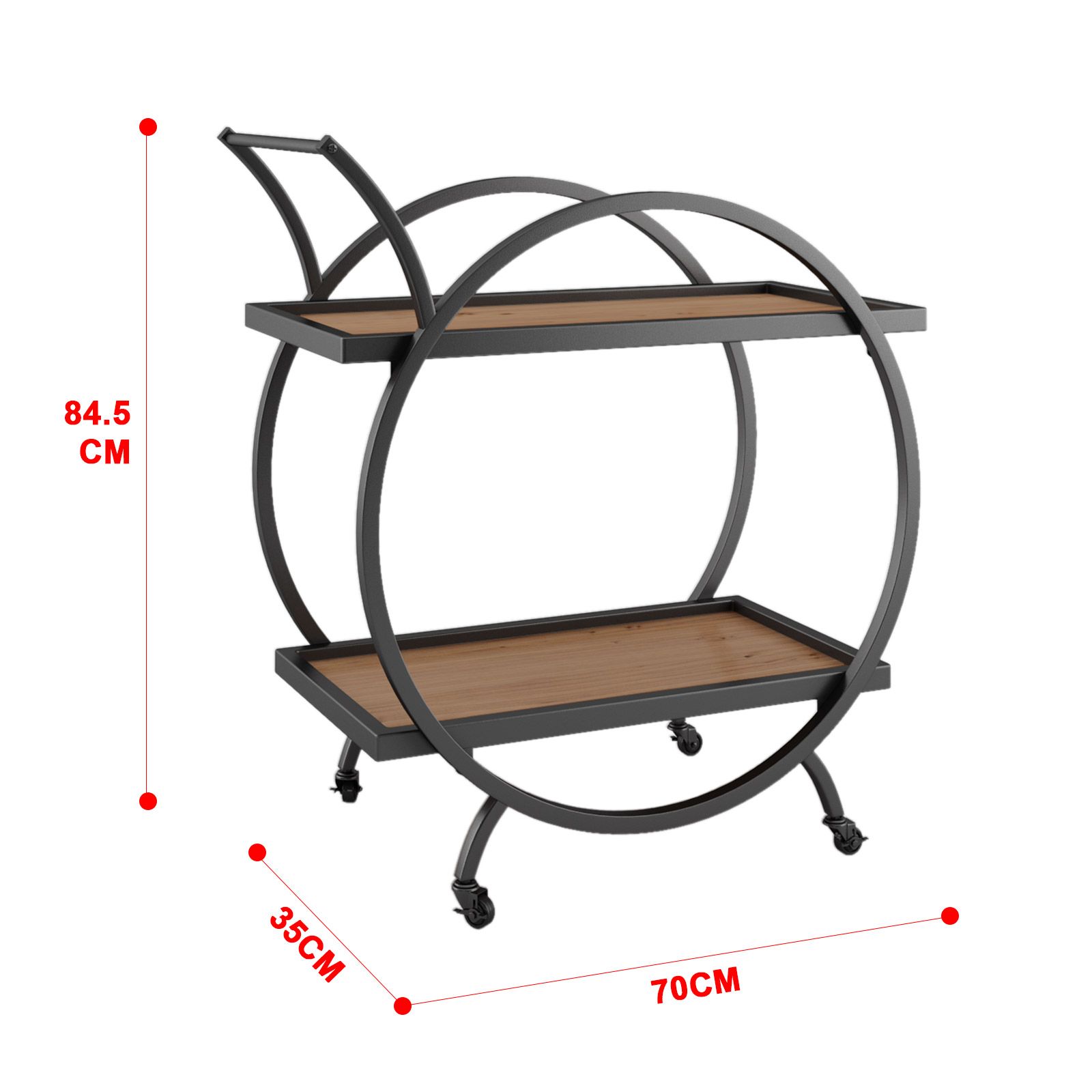 Black Bar Cart Drinks Trolley Wine Coffee Tea Kitchen Outdoor Serving Storage Rack Round Shelf
